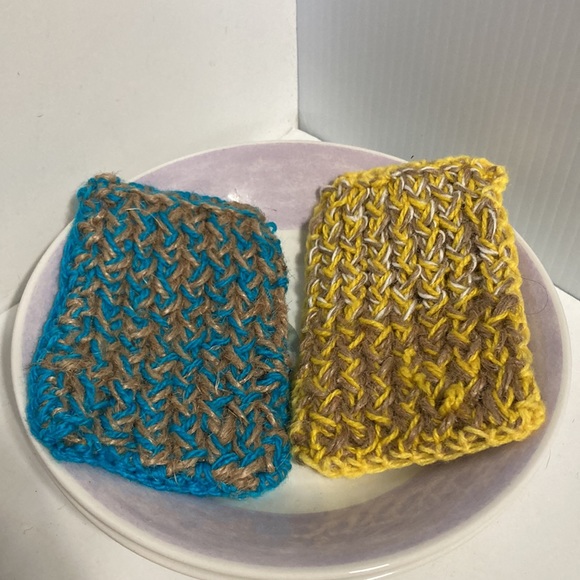 Handmade Knitted Scrubby Scrubbie Dish Sponges Yellow Turquoise Teal Beige Tan - Picture 3 of 4